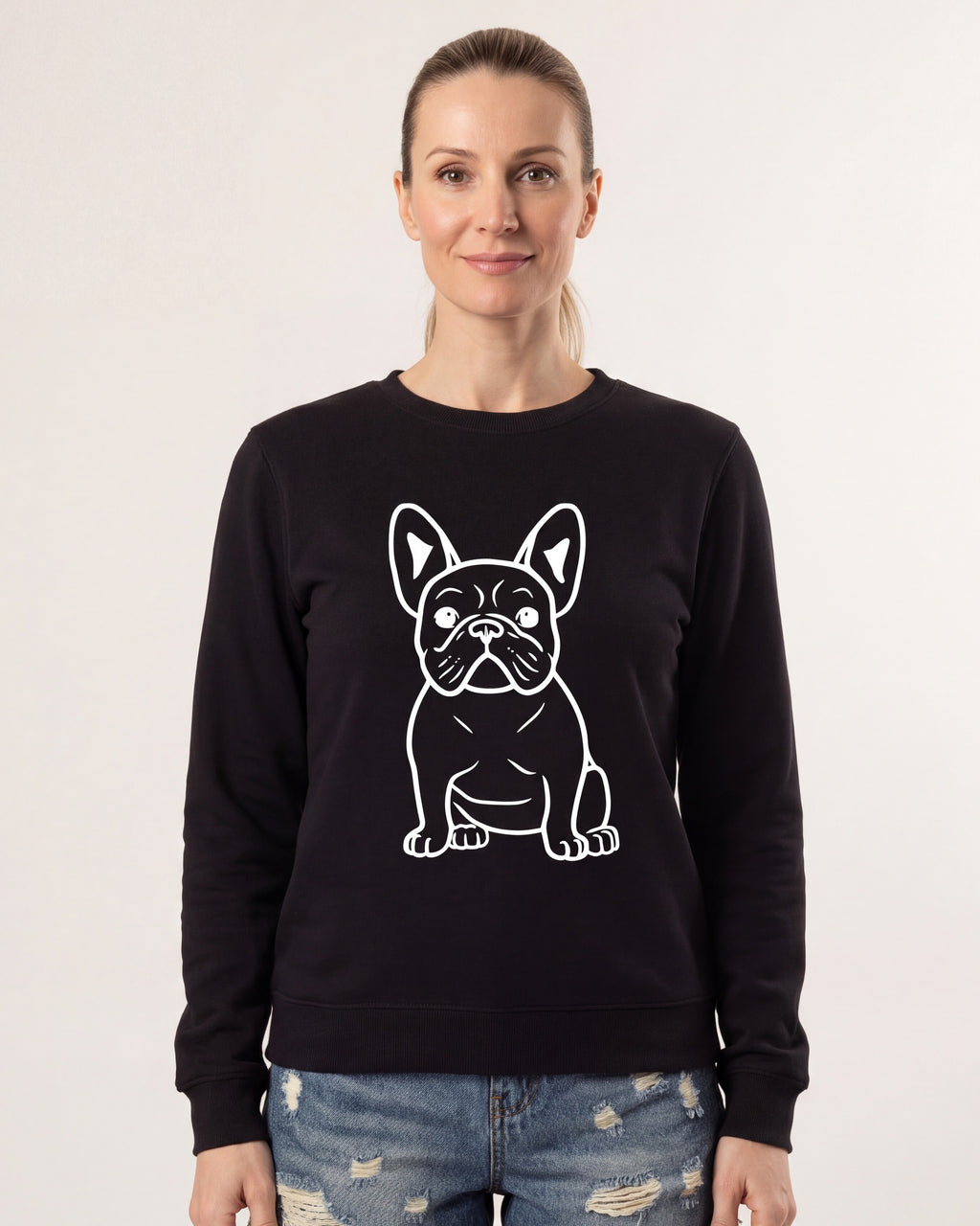 Women's oversized crewneck sweatshirt, black with white French bulldog line graphic