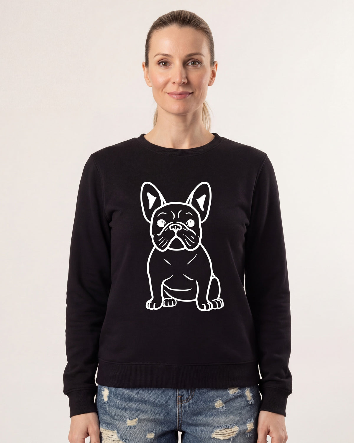 Women's oversized crewneck sweatshirt, black with white French bulldog line graphic