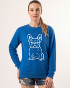 Women's oversized crewneck sweatshirt, blue with white French bulldog line graphic