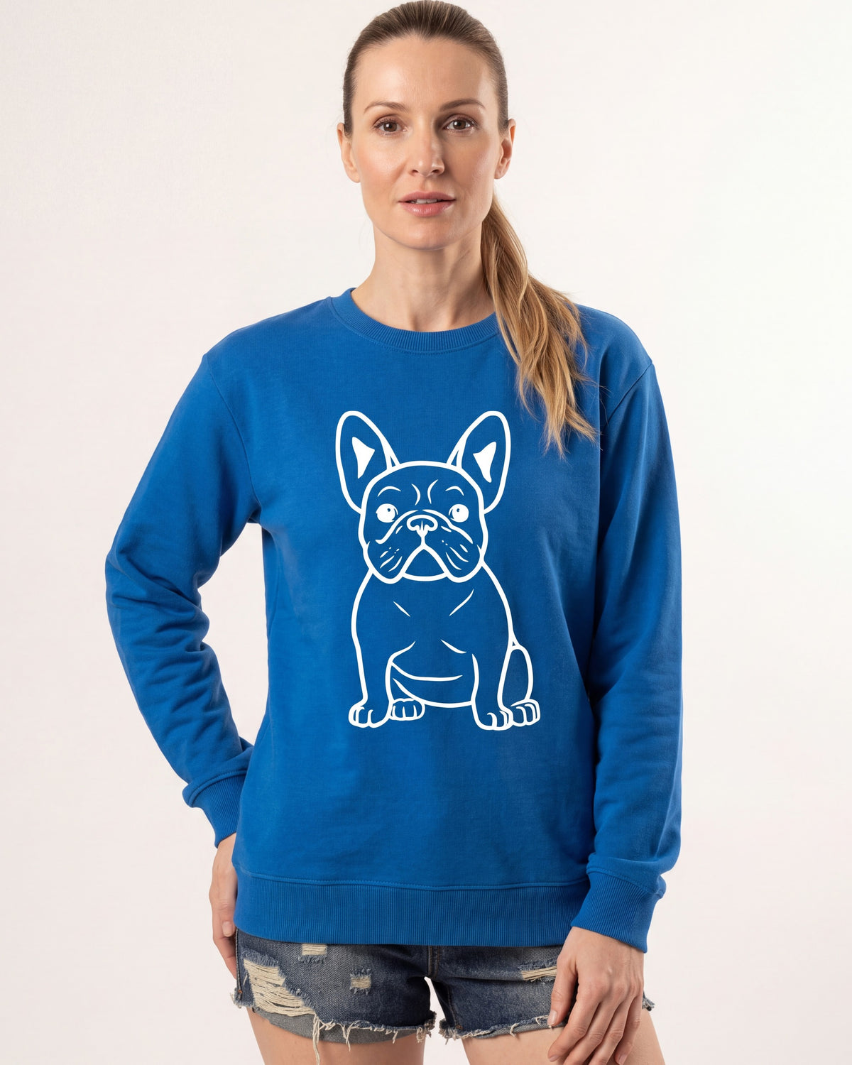 Women's oversized crewneck sweatshirt, blue with white French bulldog line graphic