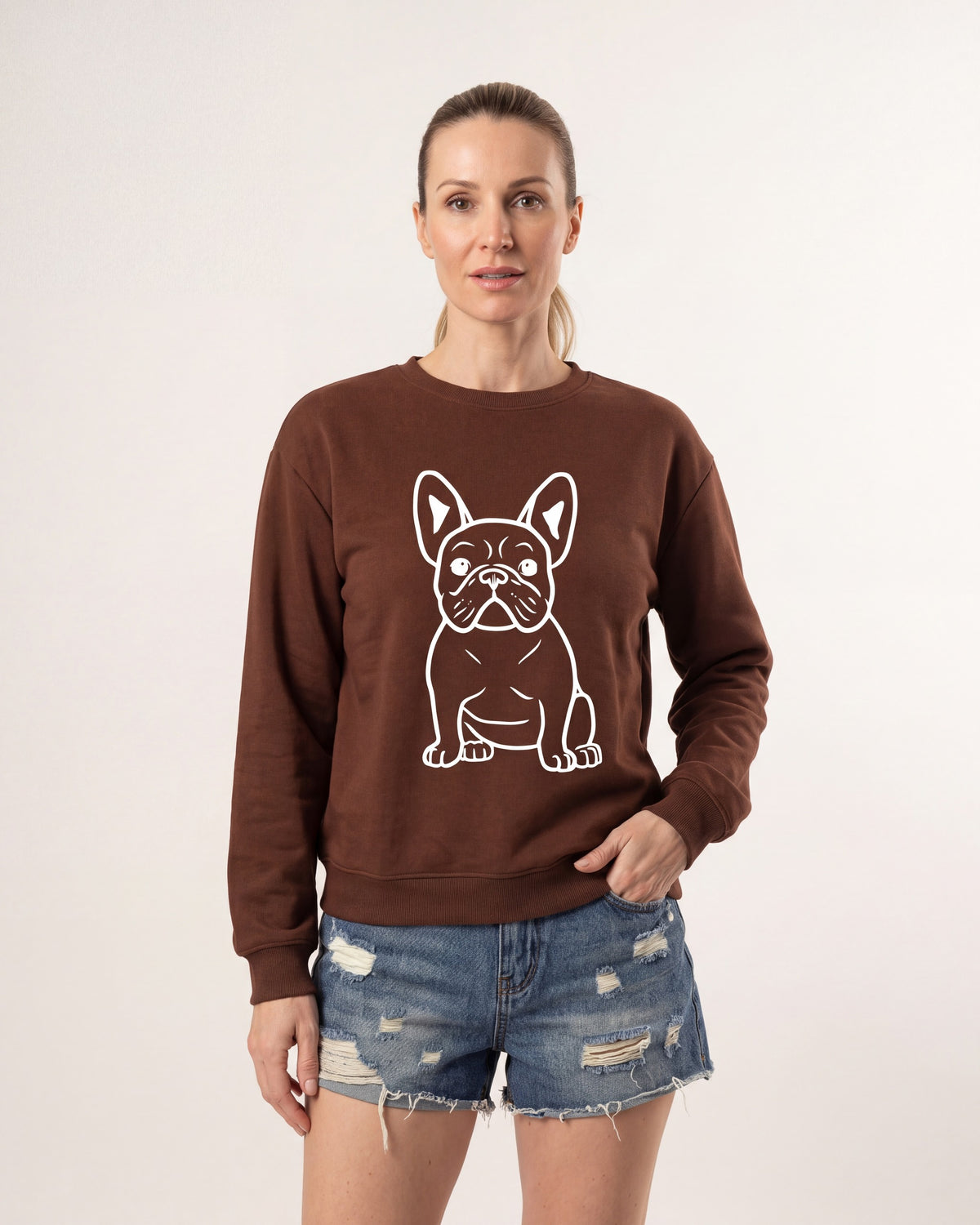 Women's oversized crewneck sweatshirt, brown with white French bulldog line graphic