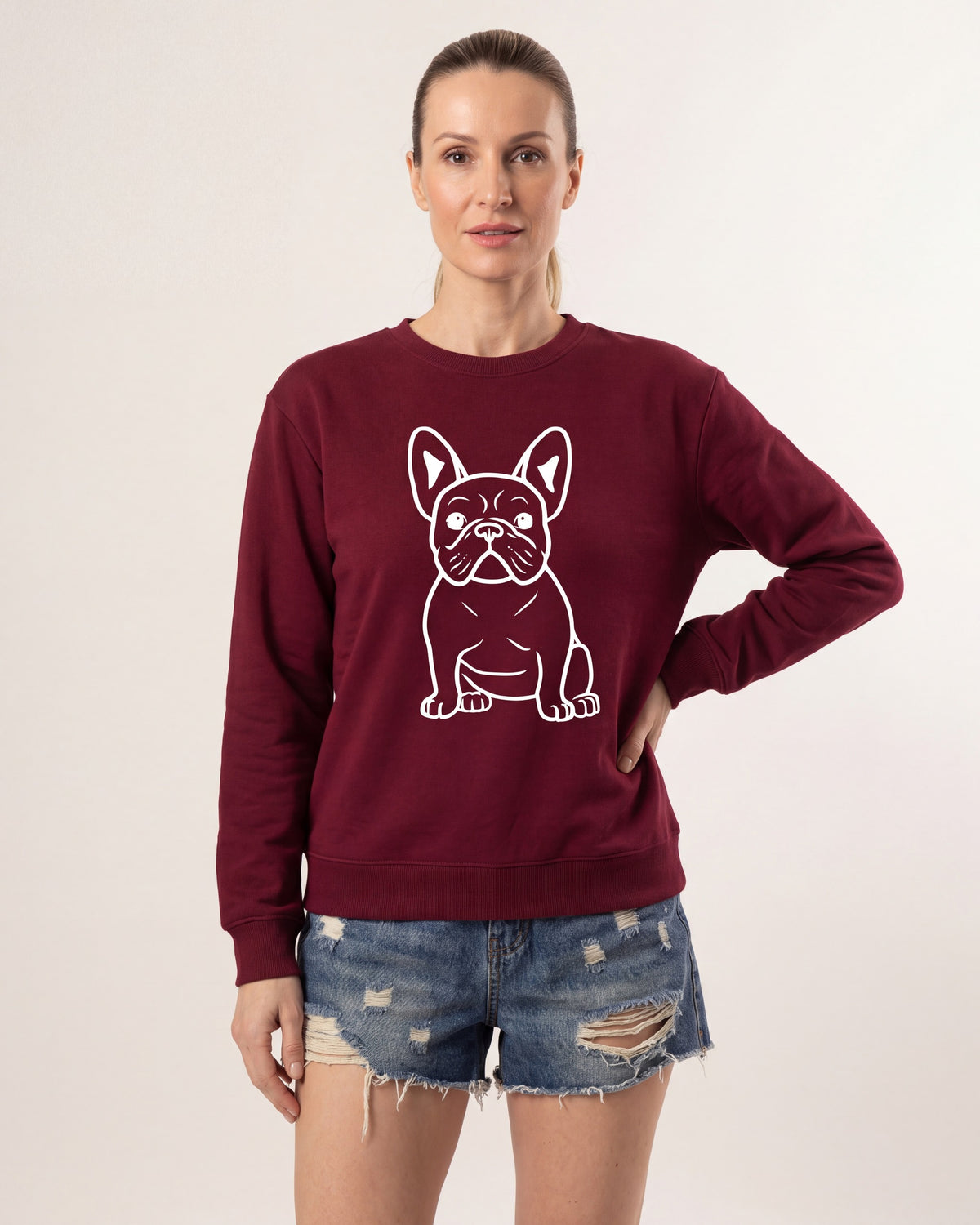 Women's oversized crewneck sweatshirt, burgundy with white French bulldog line graphic