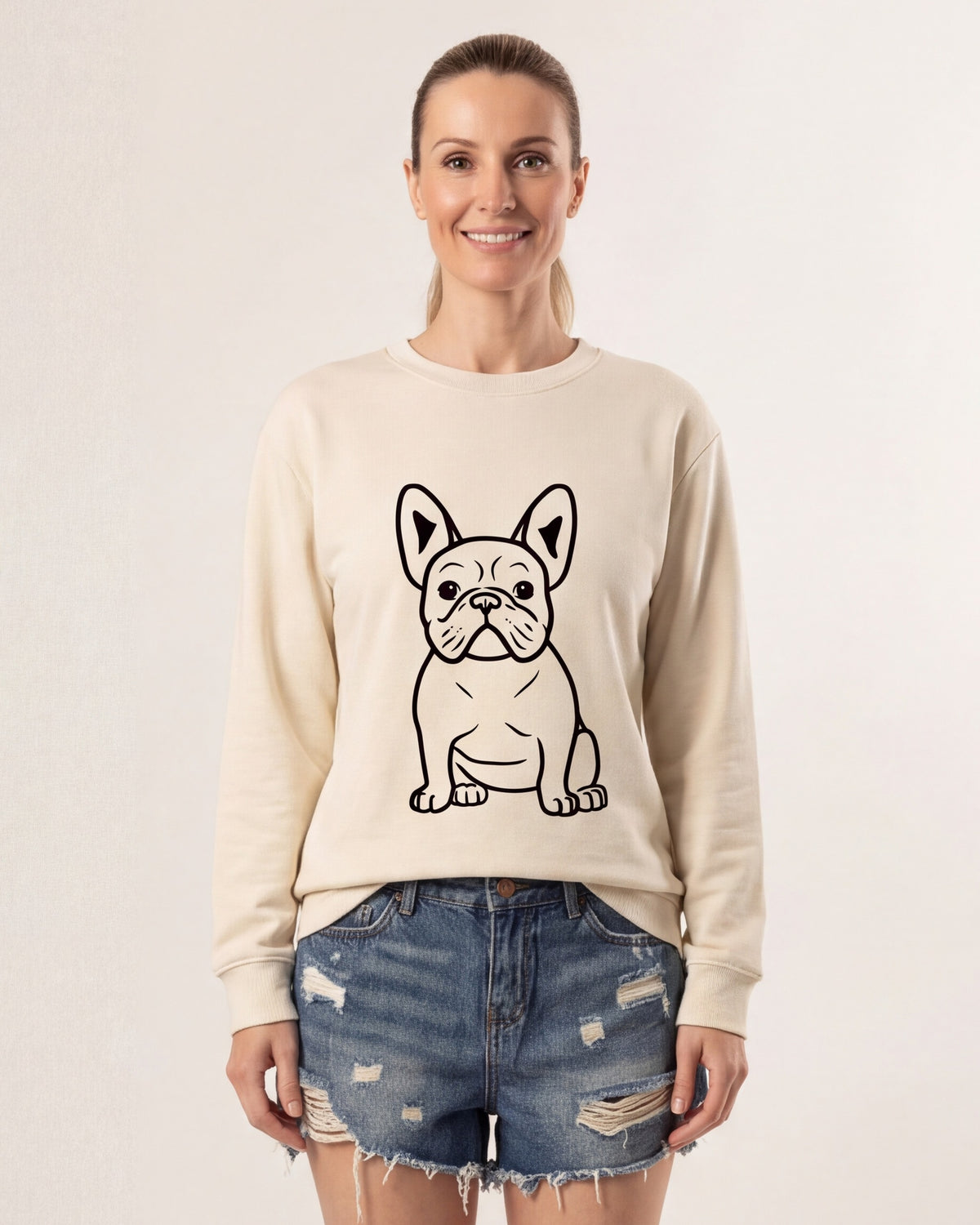 Women's oversized crewneck sweatshirt, cream with black French bulldog line graphic