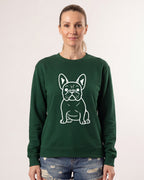 Women's oversized crewneck sweatshirt, dark green with white French bulldog line graphic