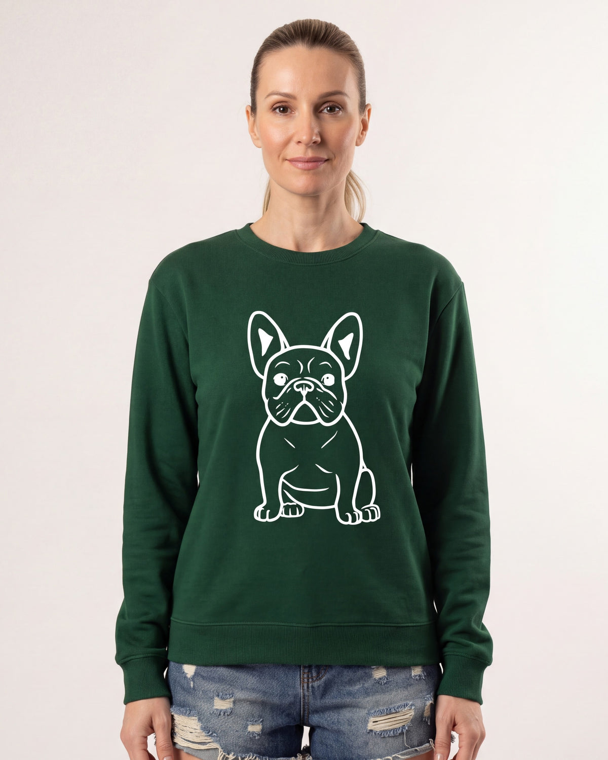 Women's oversized crewneck sweatshirt, dark green with white French bulldog line graphic