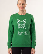 Women's oversized crewneck sweatshirt, green with white French bulldog line graphic