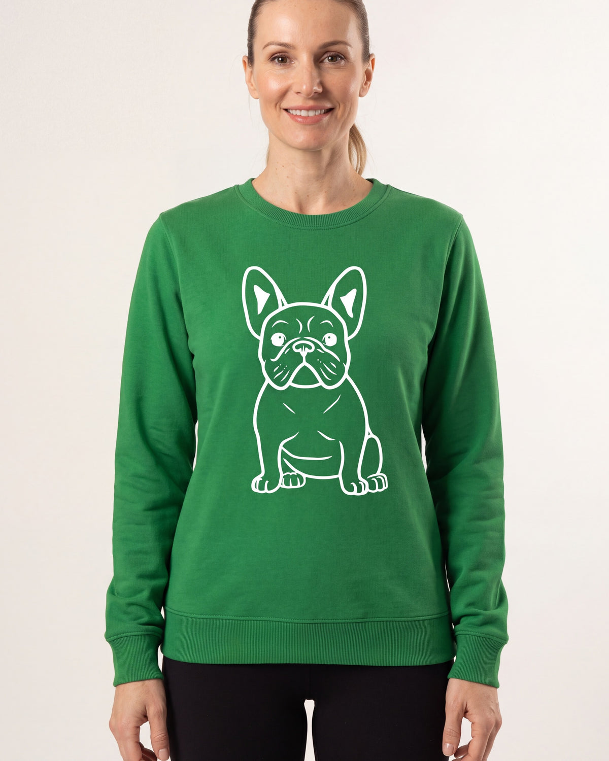Women's oversized crewneck sweatshirt, green with white French bulldog line graphic
