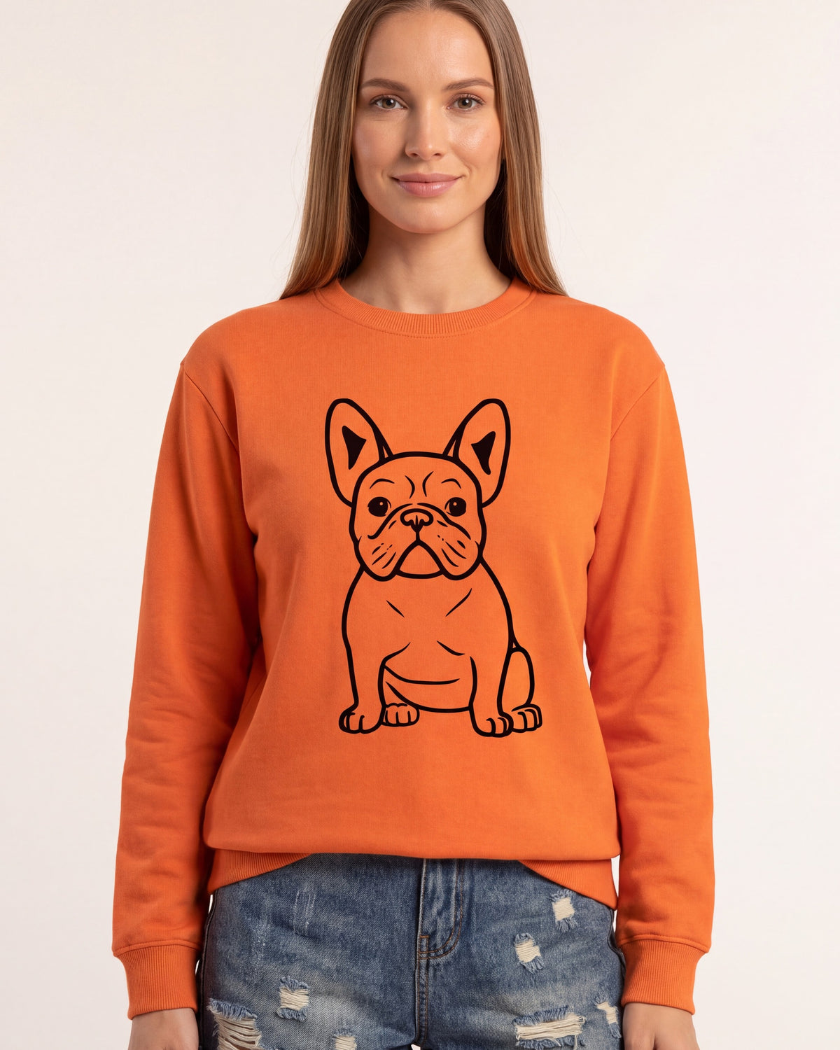 Women's oversized orange crewneck sweatshirt with French bulldog graphic, soft fleece