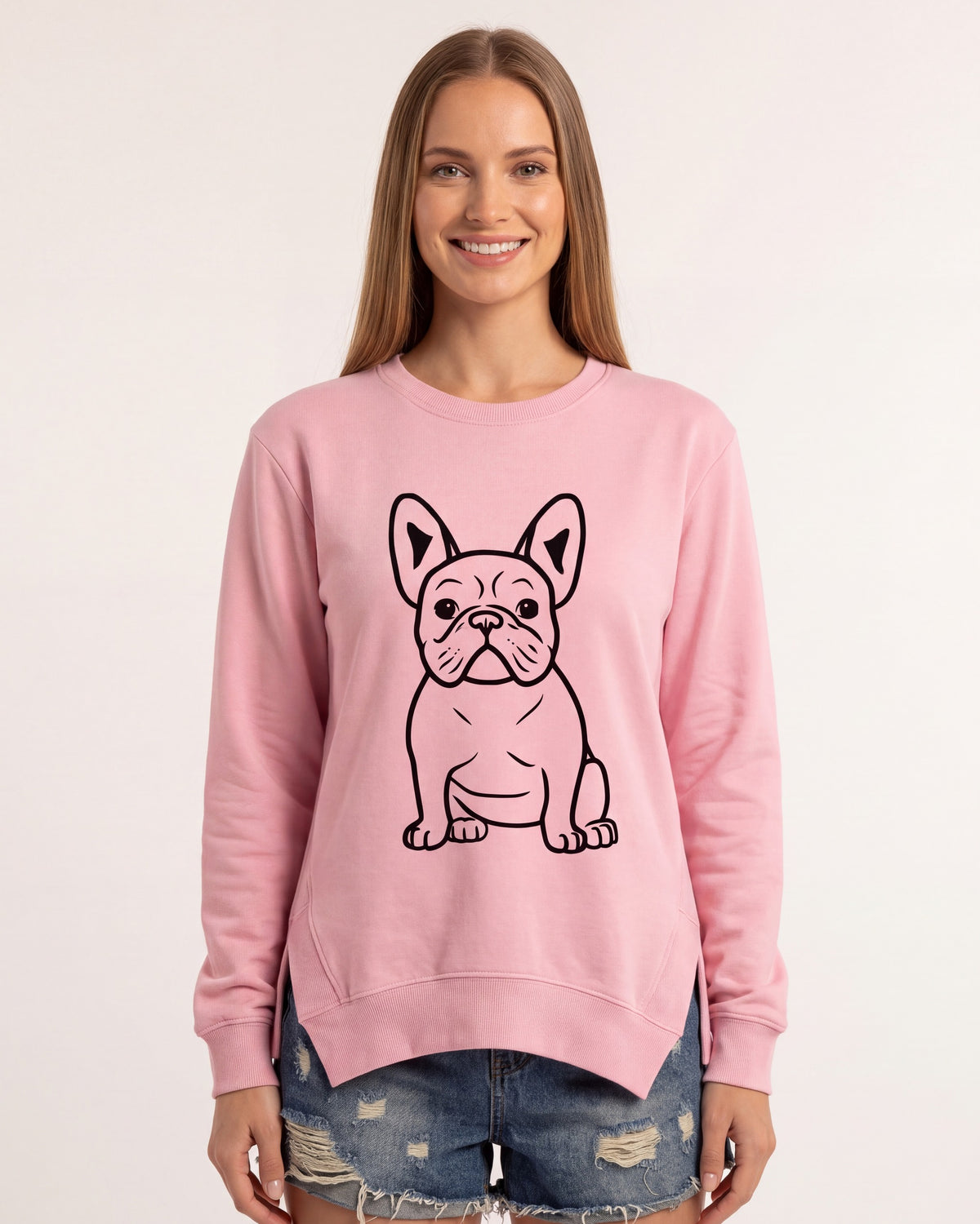Women's oversized pink crewneck sweatshirt with French bulldog graphic, soft fleece