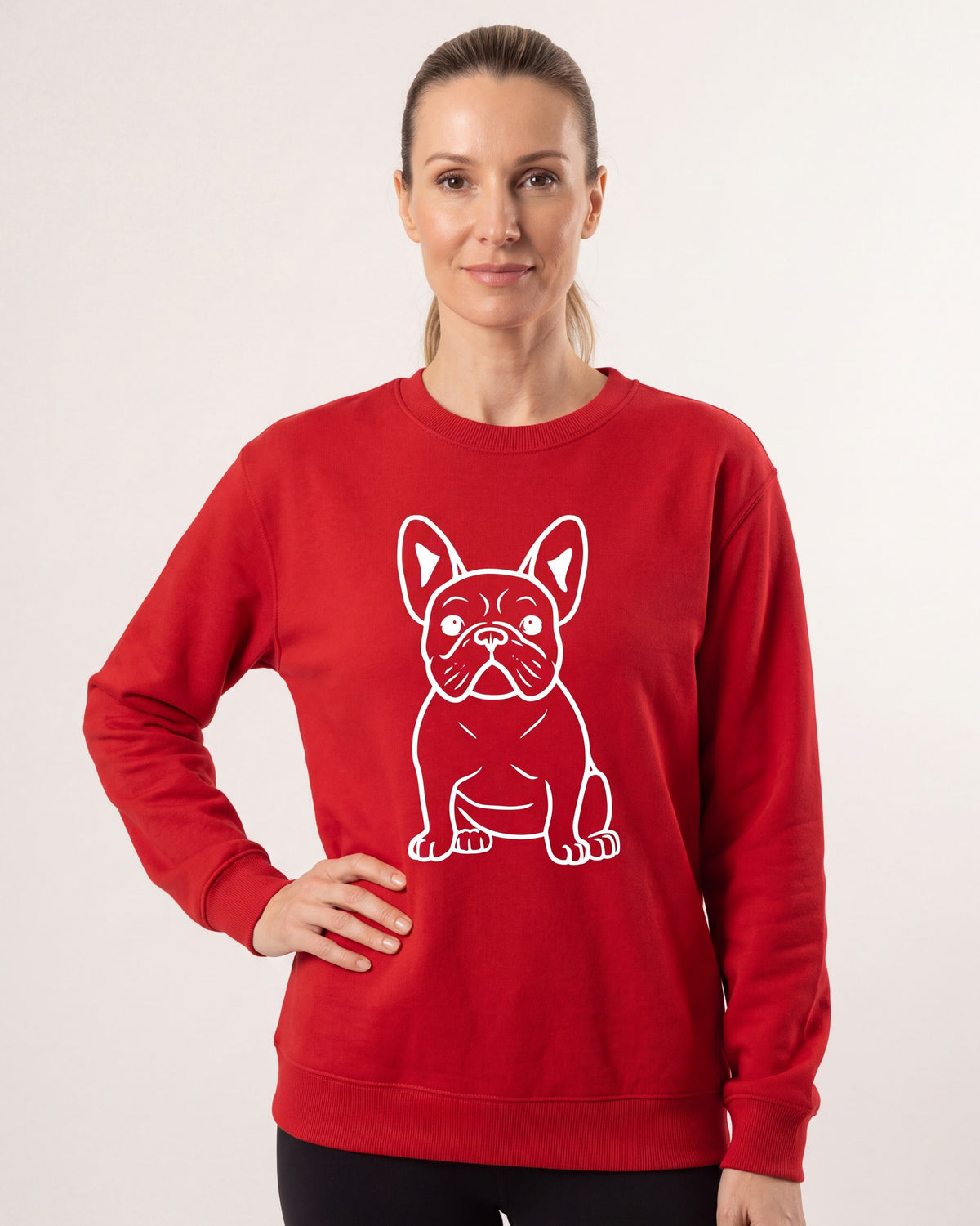 Women's oversized crewneck sweatshirt, red with white French bulldog line graphic