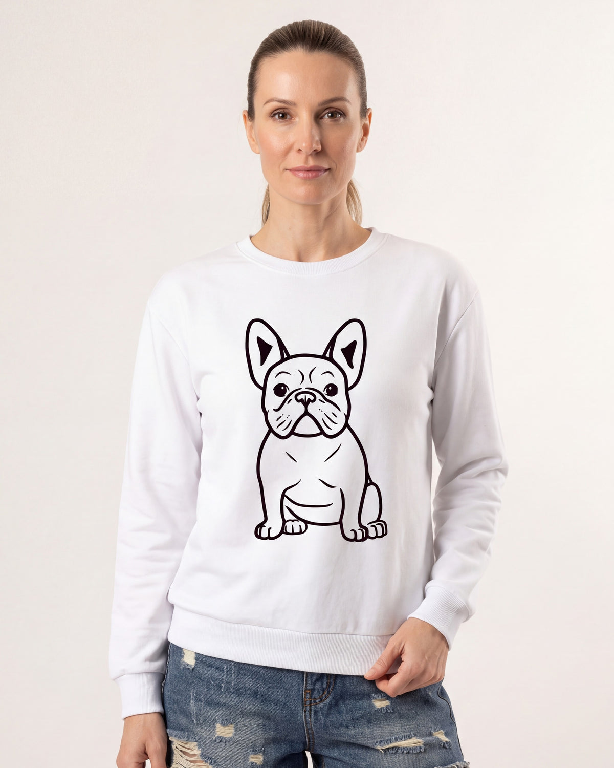 Women's oversized crewneck sweatshirt, white with black French bulldog line graphic