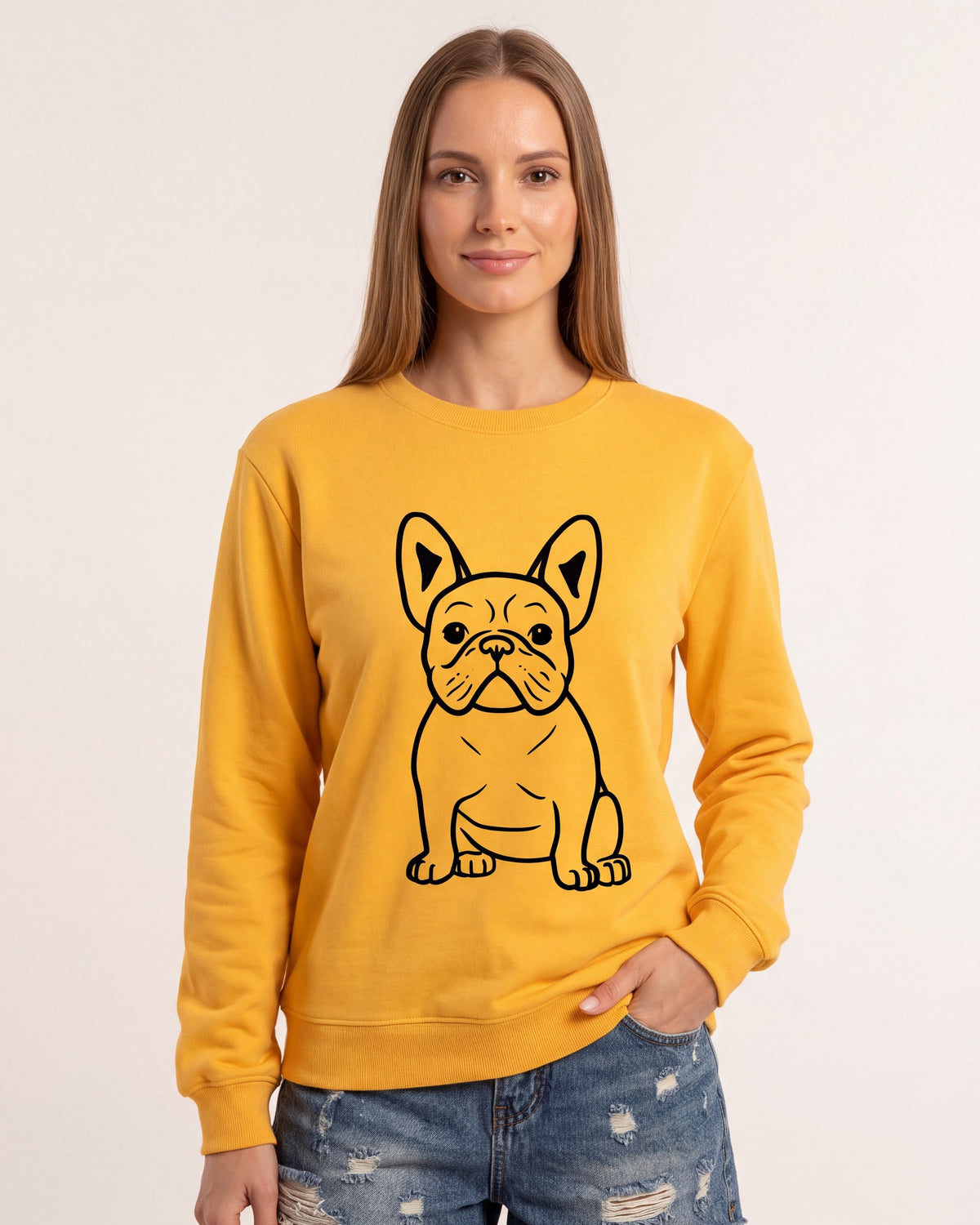 Women's oversized crewneck sweatshirt, yellow with black French bulldog line graphic