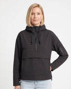 Women’s hooded half-zip anorak jacket, black nylon pullover with kangaroo pocket