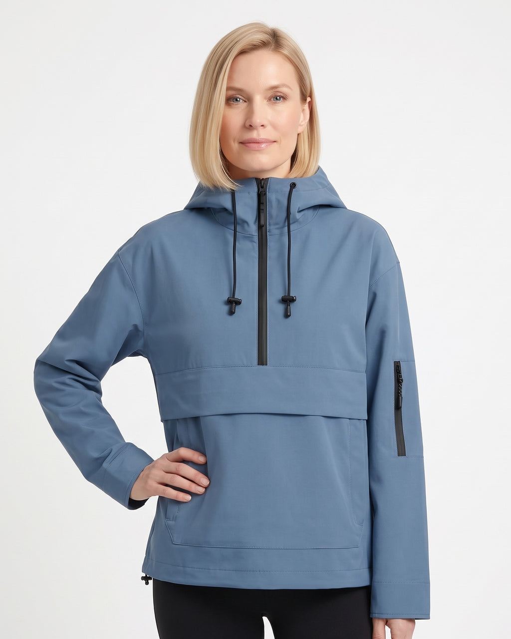 Women’s hooded half-zip anorak jacket in blue nylon pullover with kangaroo pocket