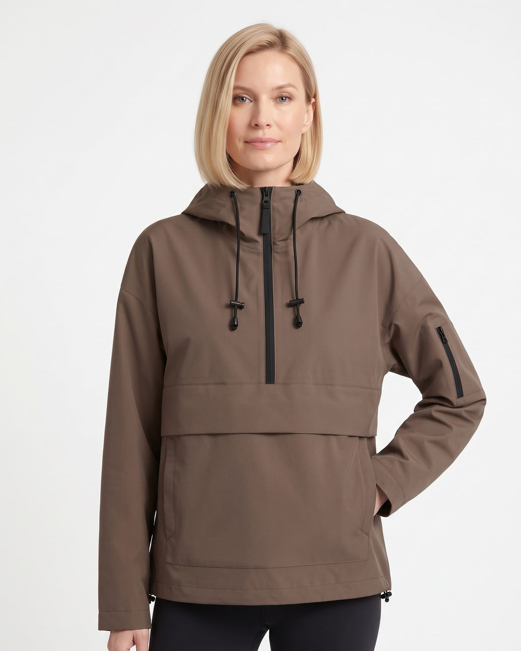 Brown hooded half-zip anorak jacket with kangaroo pocket and drawcord toggle detail