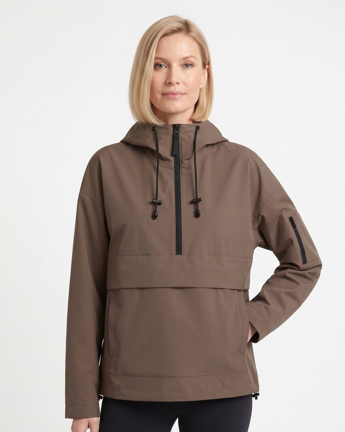 Brown hooded half-zip anorak jacket with kangaroo pocket and drawcord toggle detail