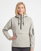 Leopard-print hooded half-zip anorak jacket with kangaroo pocket and black drawcord pulls