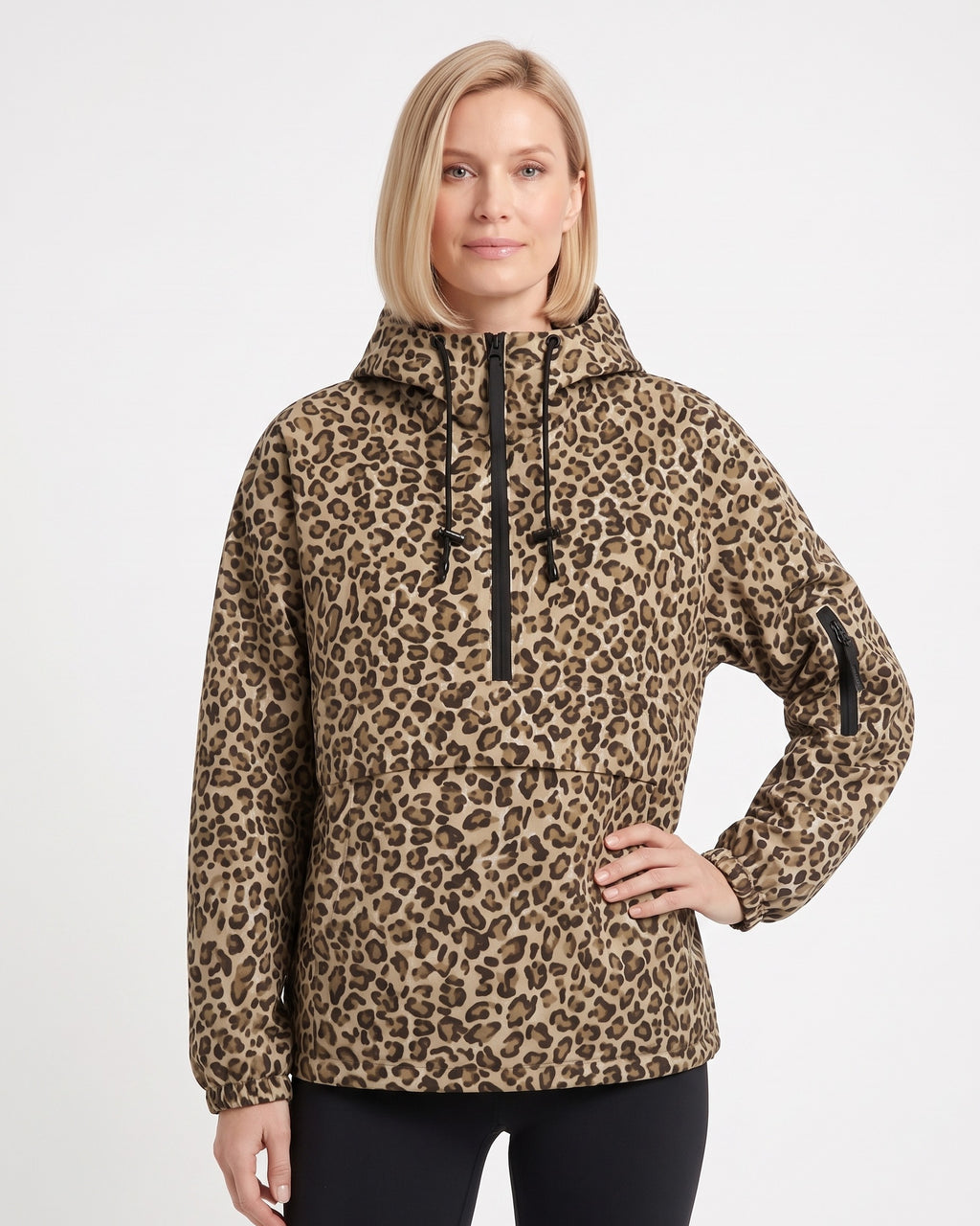 Leopard-print hooded half-zip anorak jacket with kangaroo pocket and black drawstrings