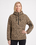 Leopard-print hooded half-zip anorak jacket with kangaroo pocket and black drawstrings