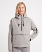 Light gray hooded half-zip anorak jacket with kangaroo pocket and side utility pocket