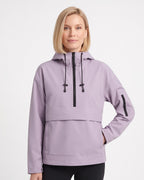 Light purple hooded half-zip anorak jacket with kangaroo pocket and black drawcords