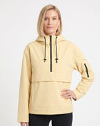 Light yellow hooded half-zip anorak jacket with kangaroo pocket and black drawcords