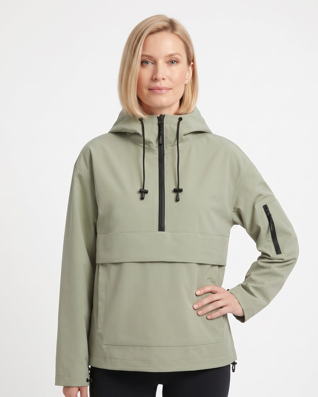 Sage green hooded half-zip anorak jacket with kangaroo pocket and drawcord pulls