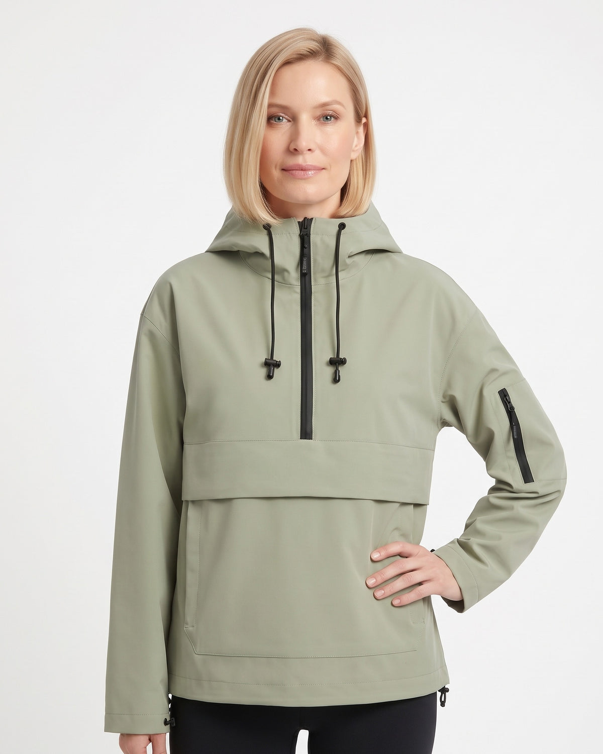 Sage green hooded half-zip anorak jacket with kangaroo pocket and drawcord pulls