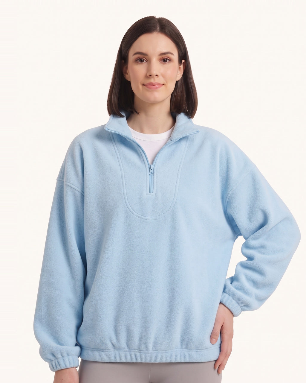 Women’s half-zip fleece pullover with stand collar, light blue