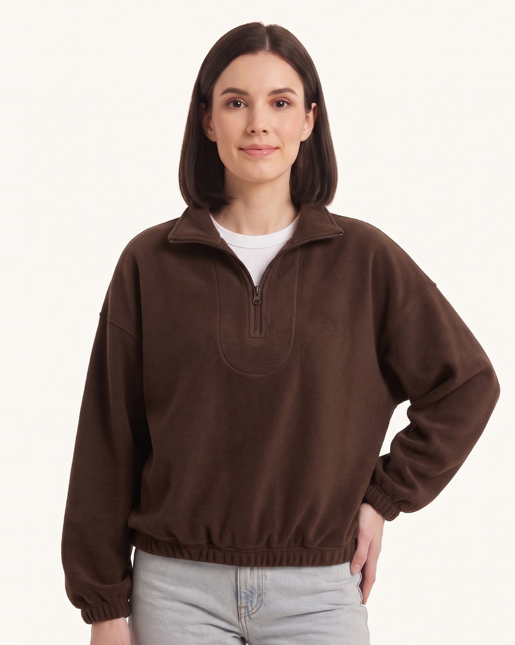 Women’s half-zip fleece pullover with stand collar, dark brown