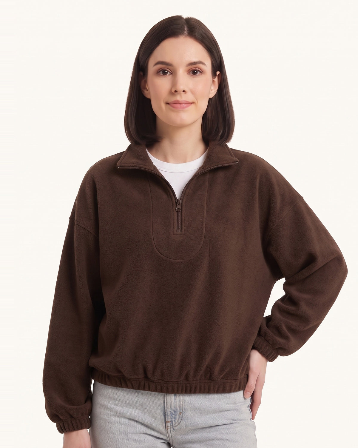 Women’s half-zip fleece pullover with stand collar, dark brown