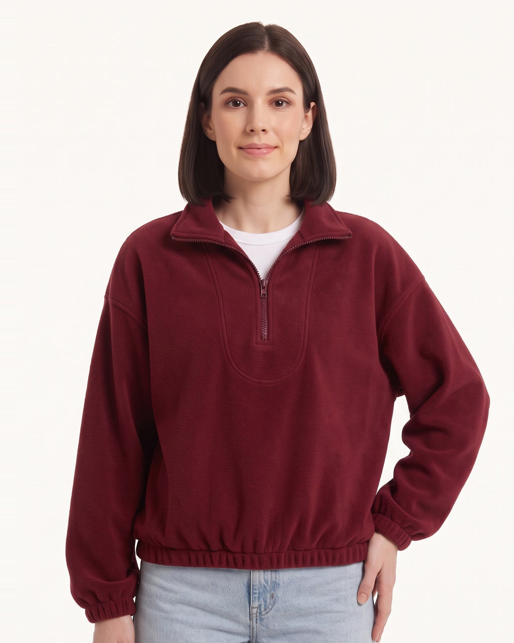 Burgundy half-zip fleece pullover with oversized stand collar and long sleeves