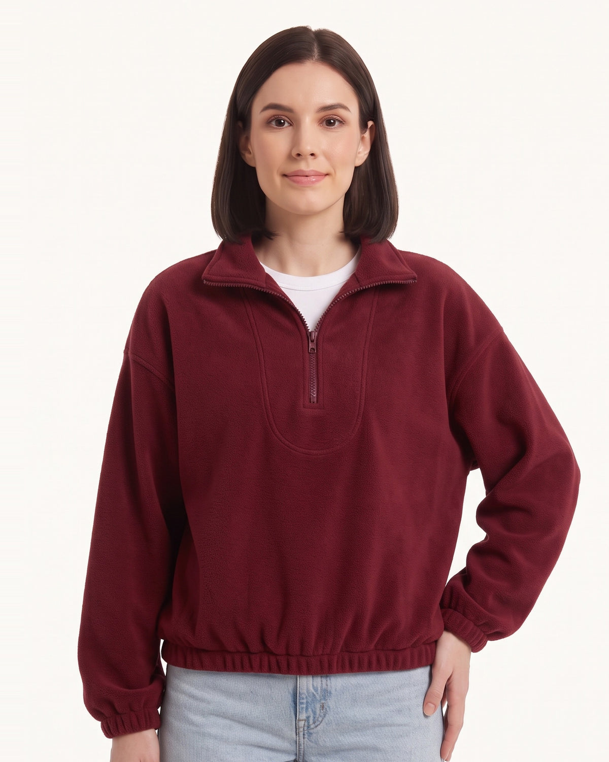 Burgundy half-zip fleece pullover with oversized stand collar and long sleeves