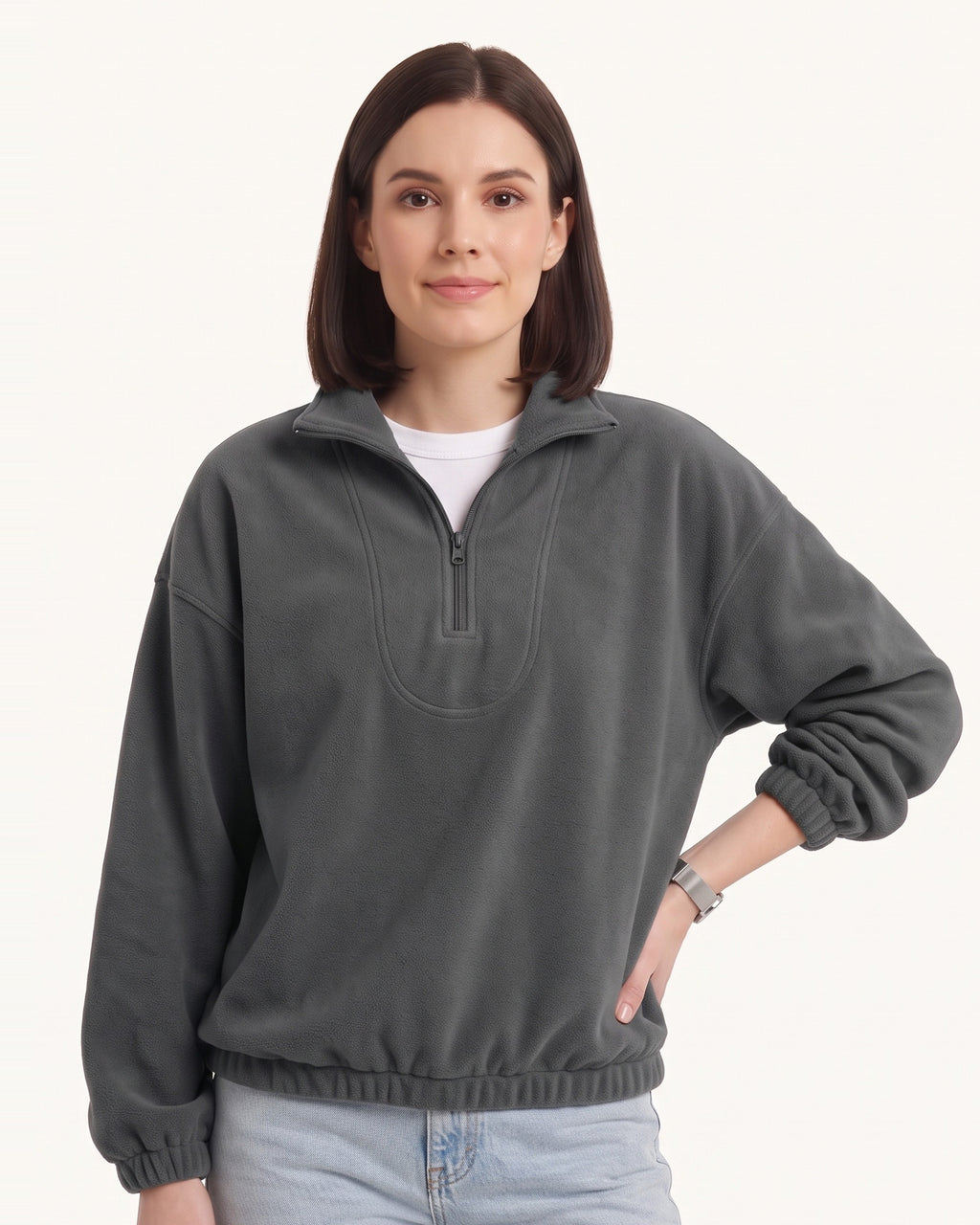Charcoal gray half-zip fleece pullover with oversized stand collar and long sleeves