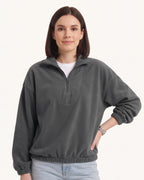 Charcoal gray half-zip fleece pullover with oversized stand collar and long sleeves