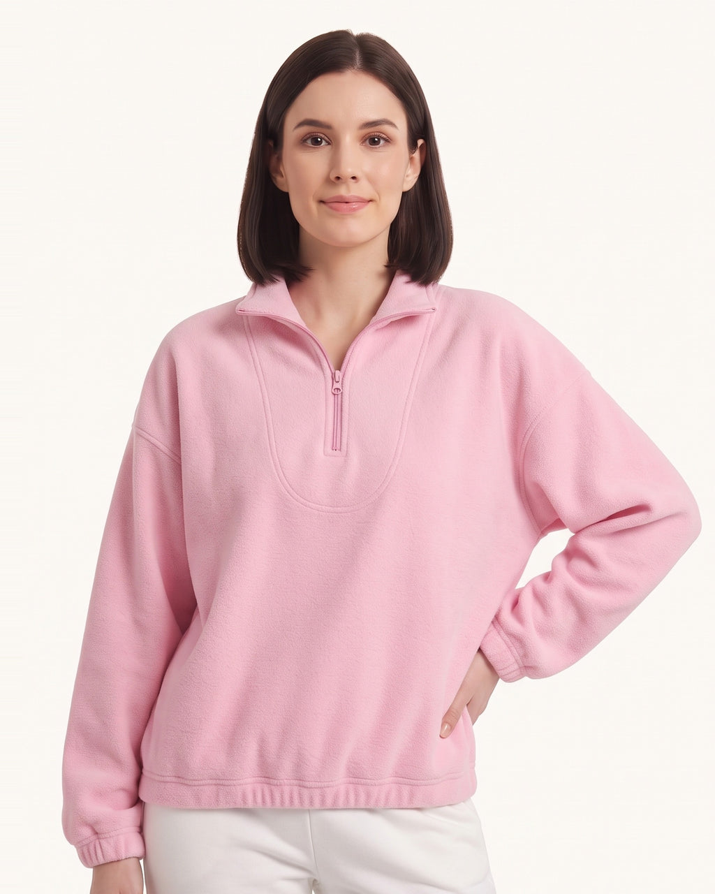 Pink half-zip fleece pullover with oversized stand collar and long sleeves