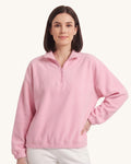 Pink half-zip fleece pullover with oversized stand collar and long sleeves