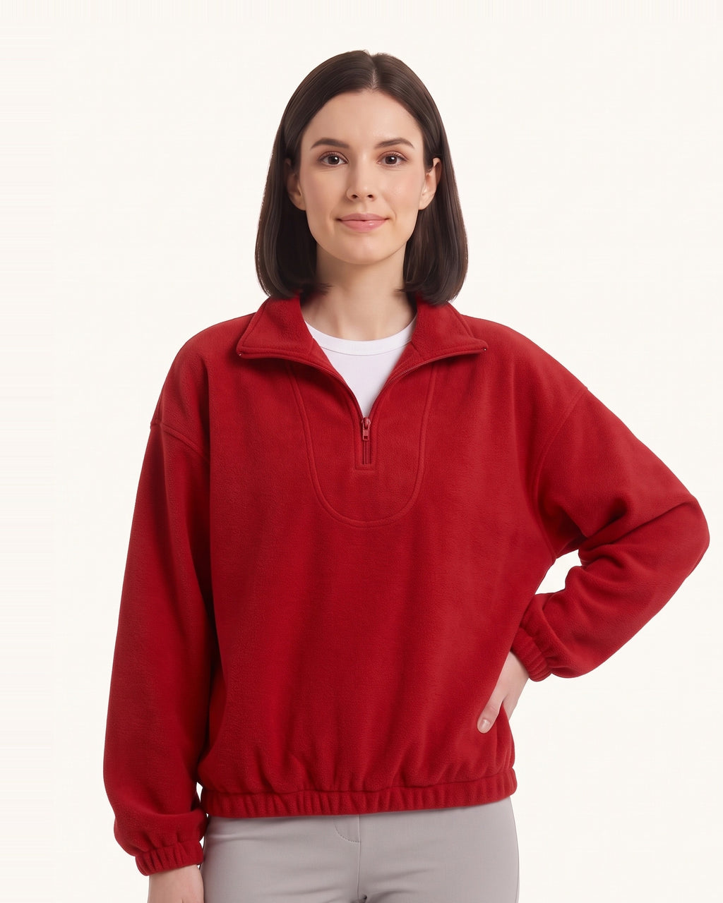 Deep red half-zip fleece pullover with oversized stand collar and long sleeves