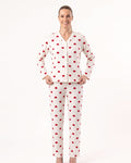 Women’s heart-print pajama set, white fabric with red heart pattern, long-sleeve top and pants