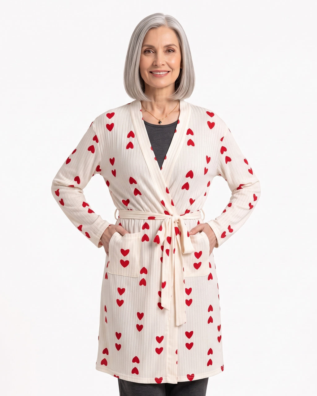 Women’s white heart-print ribbed knit wrap robe with tie belt and side pockets