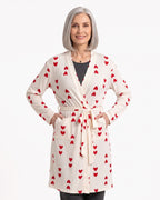 Women’s white heart-print ribbed knit wrap robe with tie belt and side pockets