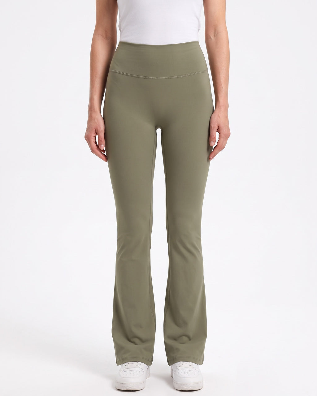 Women’s high-waisted flare leggings in olive green, smooth fitted fabric