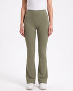Women’s high-waisted flare leggings in olive green, smooth fitted fabric