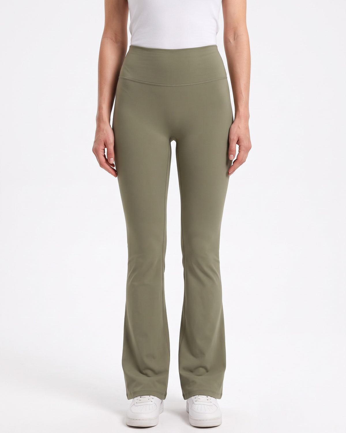 Women’s high-waisted flare leggings in olive green, smooth fitted fabric