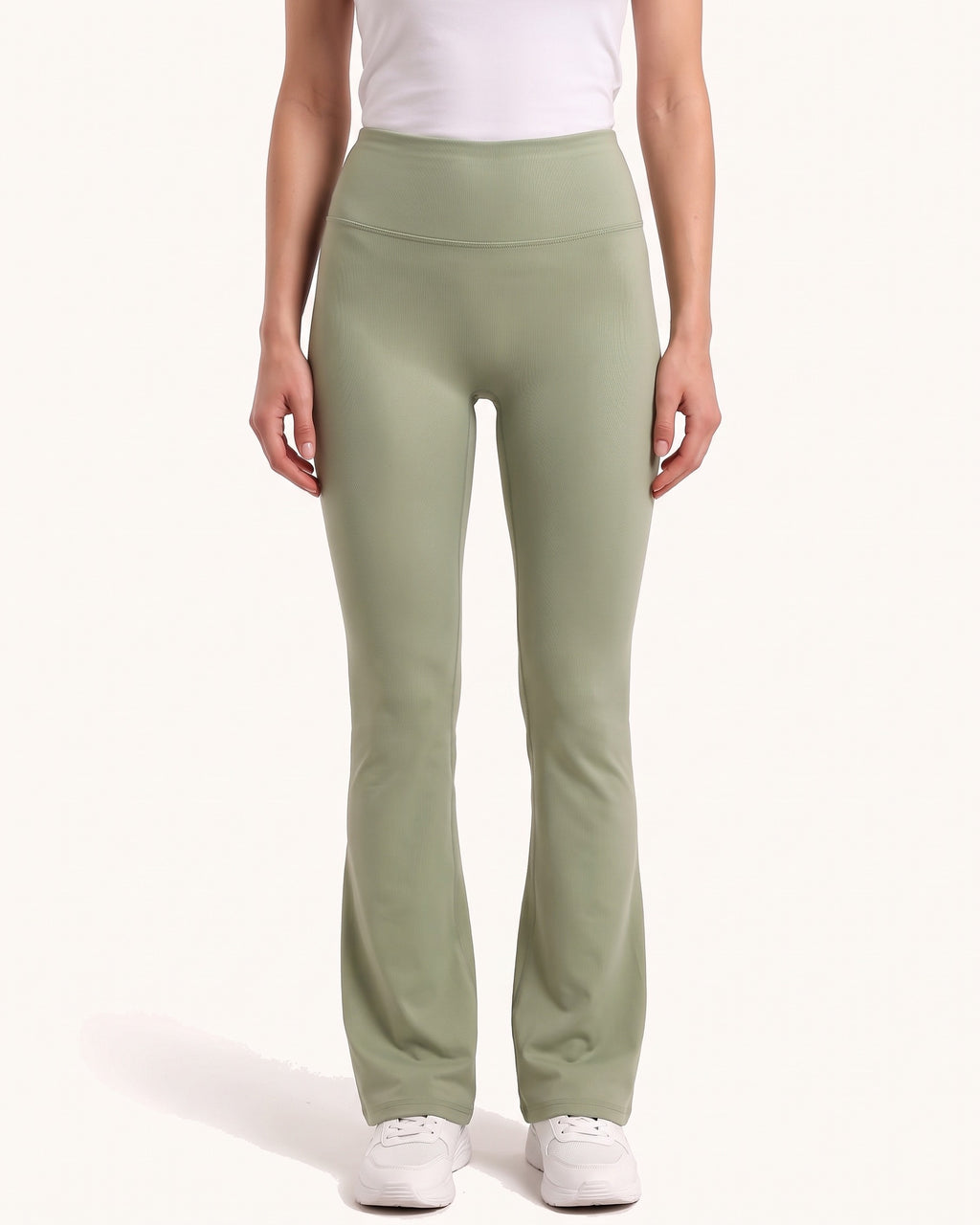 Women’s high-waisted flare leggings in olive green, smooth fitted fabric