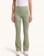 Women’s high-waisted flare leggings in olive green, smooth fitted fabric