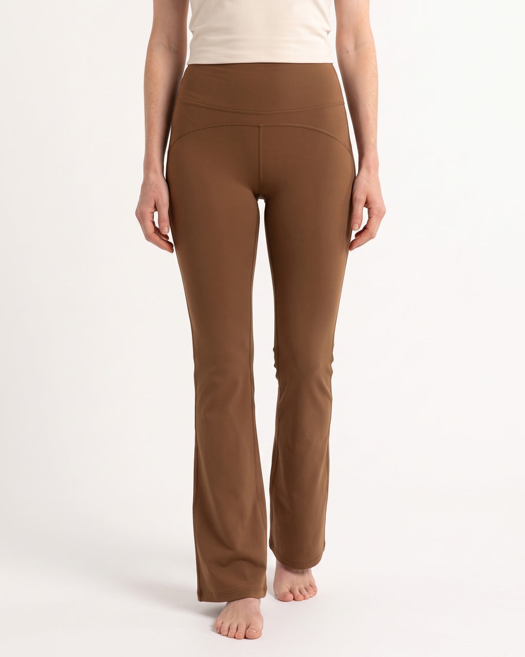 High-waist brown flare leggings with tummy-control waistband and contoured back seam