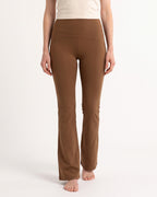 High-waist brown flare leggings with tummy-control waistband and contoured back seam