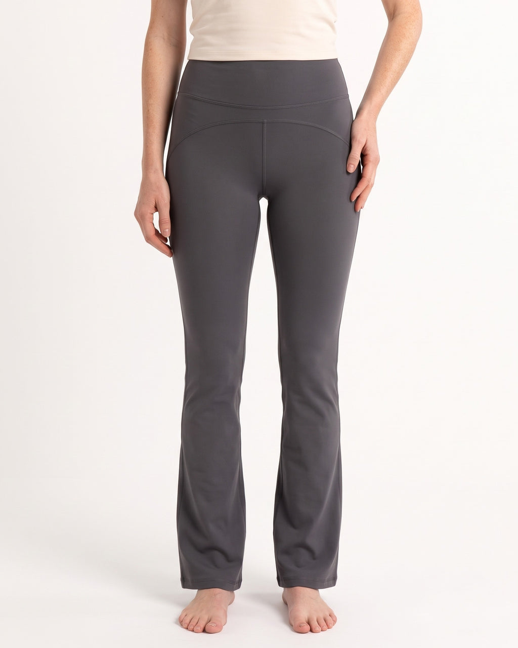 High-waist dark gray flare leggings with tummy-control waistband and contoured back seam