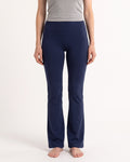 High-waist navy flare leggings with tummy-control waistband and contoured back seam